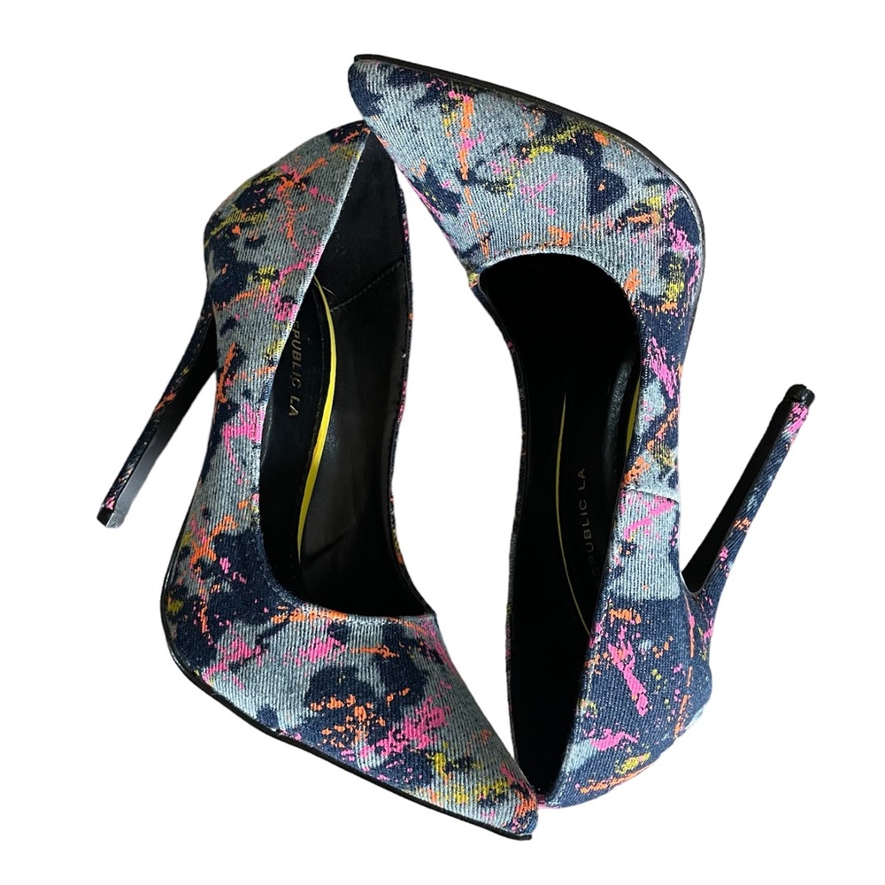 New Shoe Republic LA Denim Colorful Paint Splatter Pointy Toe Heels Size 6.5